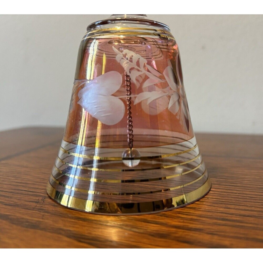 Mozart Classics Crystal Bell Cranberry Color Floral Etched Design Gold Trim - Picture 4 of 4